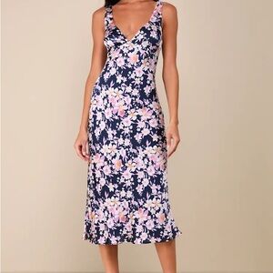 Lulu's Pink and Blue Sleeveless V-Neck Midi Dress